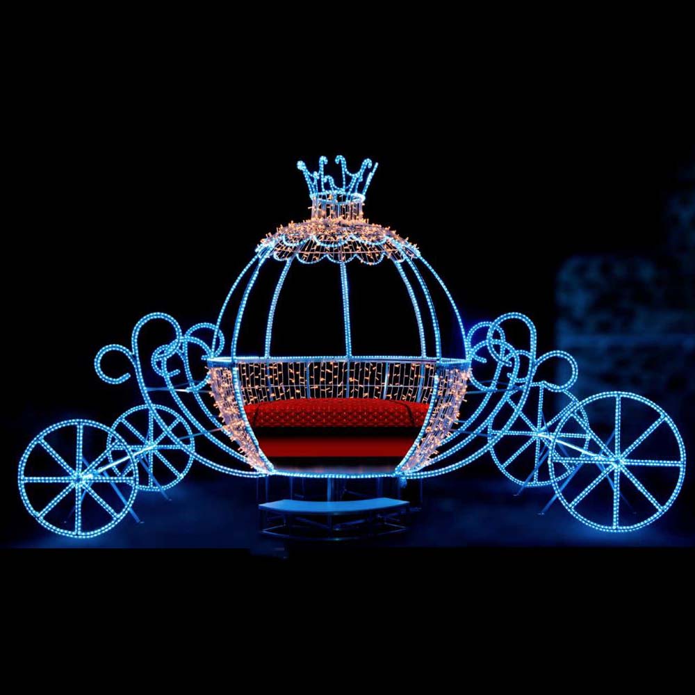 Χριστουγεννιάτικη φωτιζόμενη άμαξα τρισδιάστατη με φωτοσωλήνα led με ψυχρό λευκό φως και led λαμπάκια με θερμό λευκό φως IP65 500x190x300 εκ
