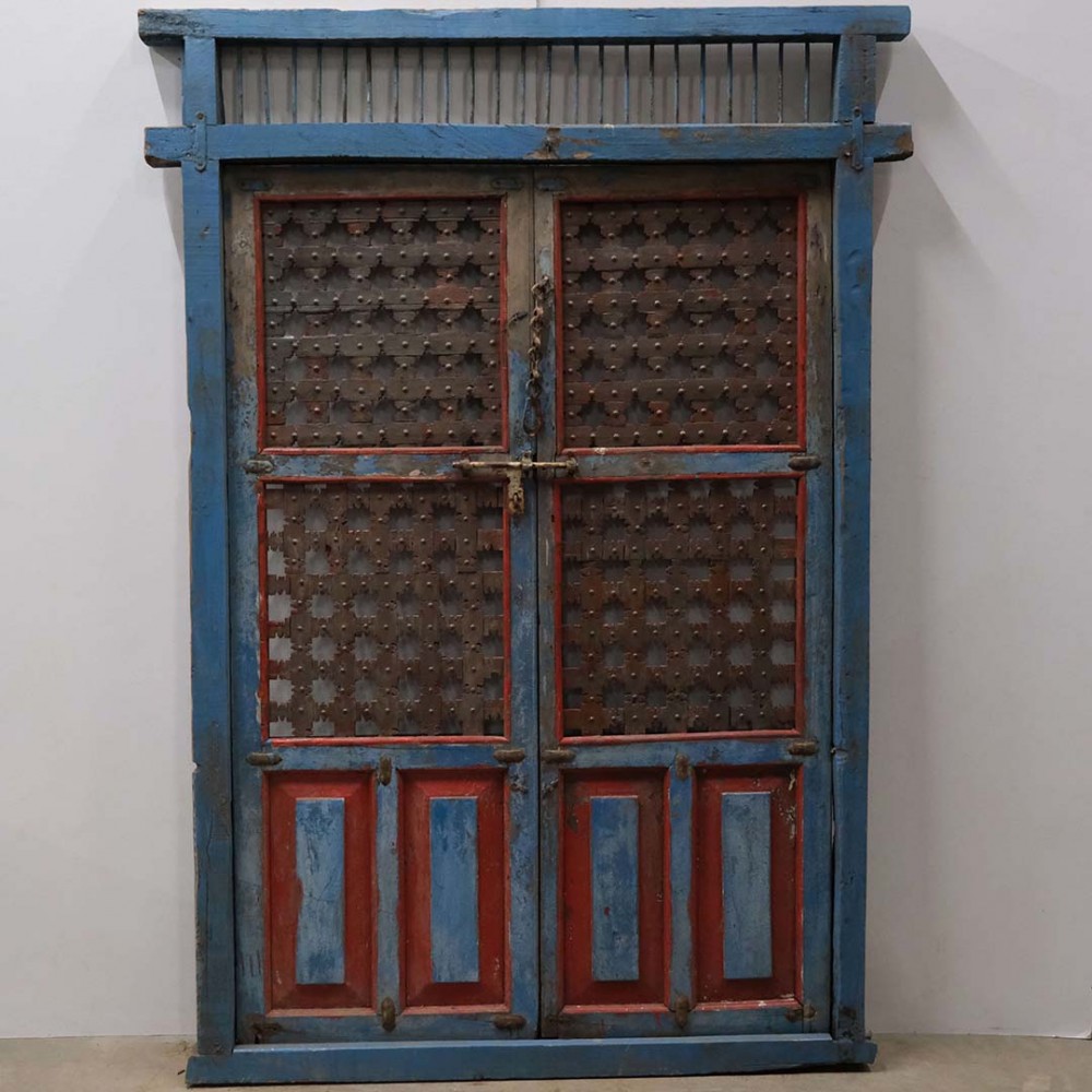 Διακοσμητική ξύλινη vintage διπλή πόρτα σε μπλε απόχρωση 151x13x214 εκ