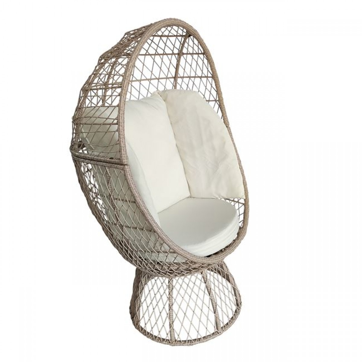 Crown πολυθρόνα Egg wicker σε μπεζ απόχρωση με λευκό μαξιλάρι 78x73x142 εκ