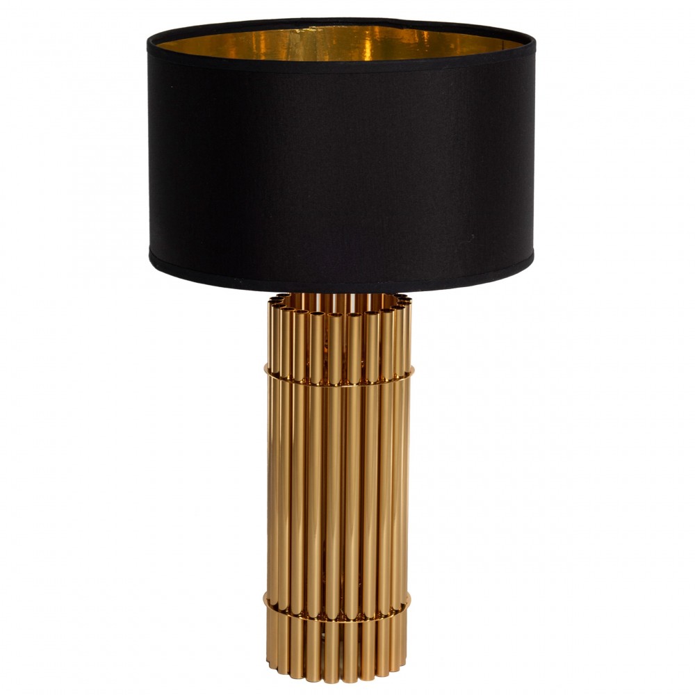 Luxxu μεταλλικό στρογγυλό επιτραπέζιο φωτιστικό με χρυσό σκελετό και καπέλο σε μαύρο χρώμα 40x67 εκ