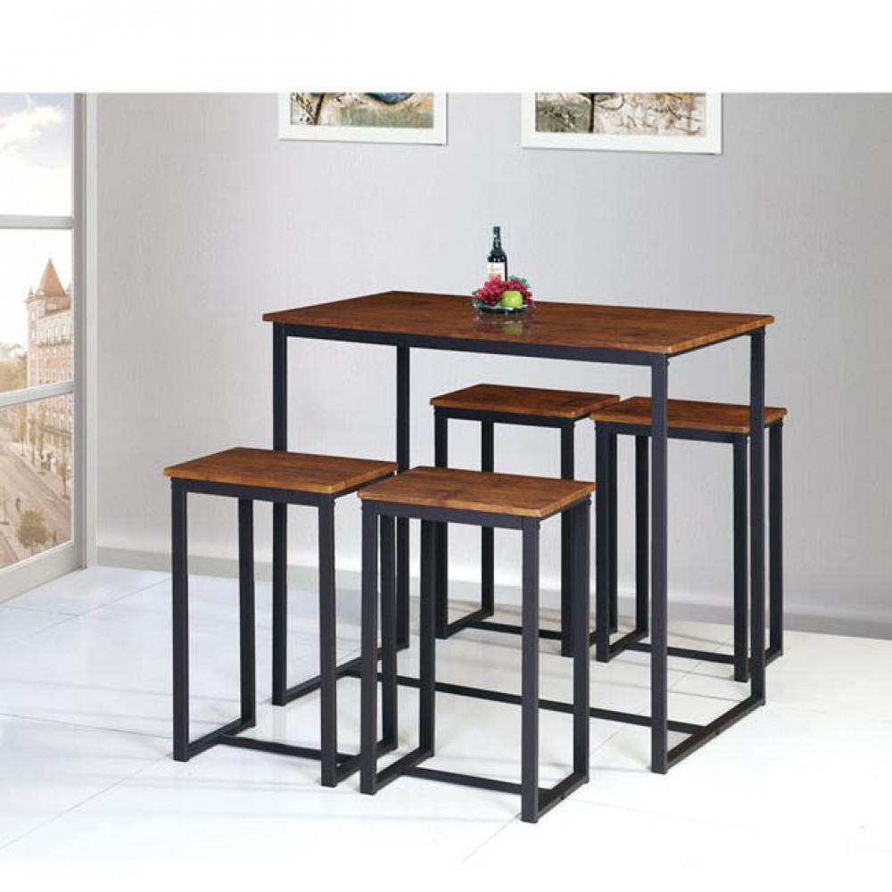 Henry set bar τραπέζι με 4 σκαμπώ από μέταλλο και ξύλο σε σκούρο καρυδί χρώμα
