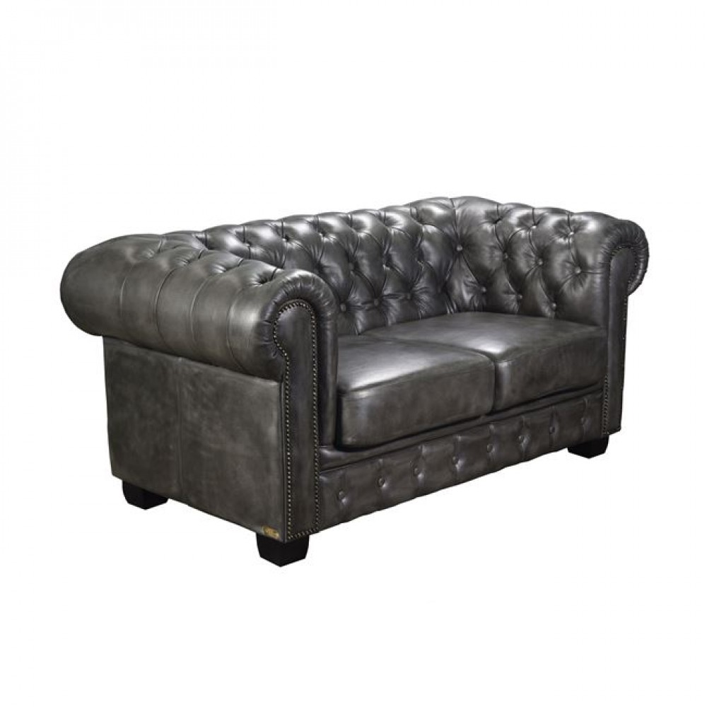 Διθέσιος καναπές τύπου Chesterfield με δέρμα antique grey 160x92x72 εκ