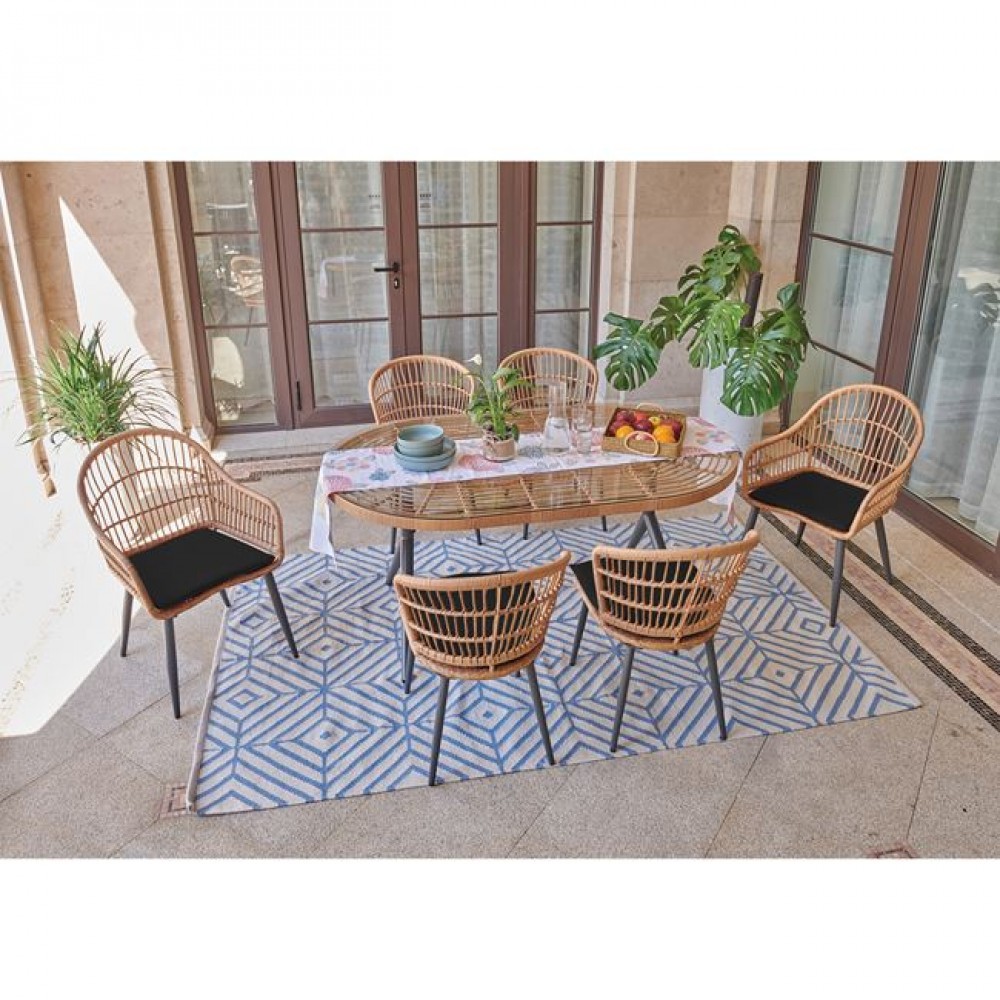 Salsa Dining set με μεταλλικό μαύρο σκελετό και wicker σε φυσική απόχρωση