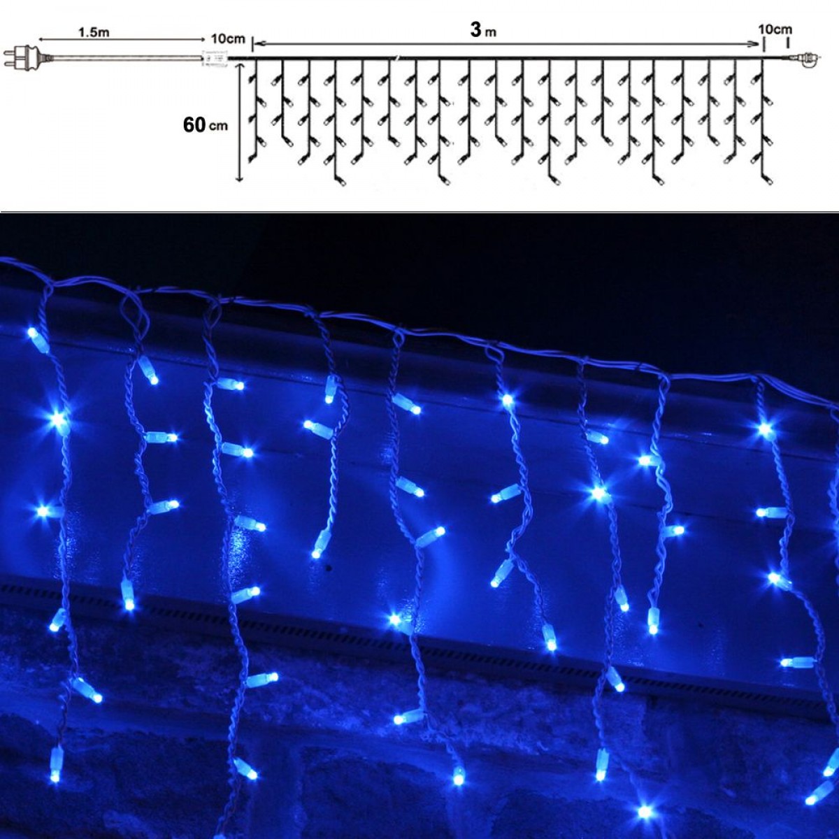 150 Led λαμπάκια ασύμμετρη κουρτίνα με επεκτεινόμενο διάφανο καλώδιο και μπλε φως 60x300 εκ