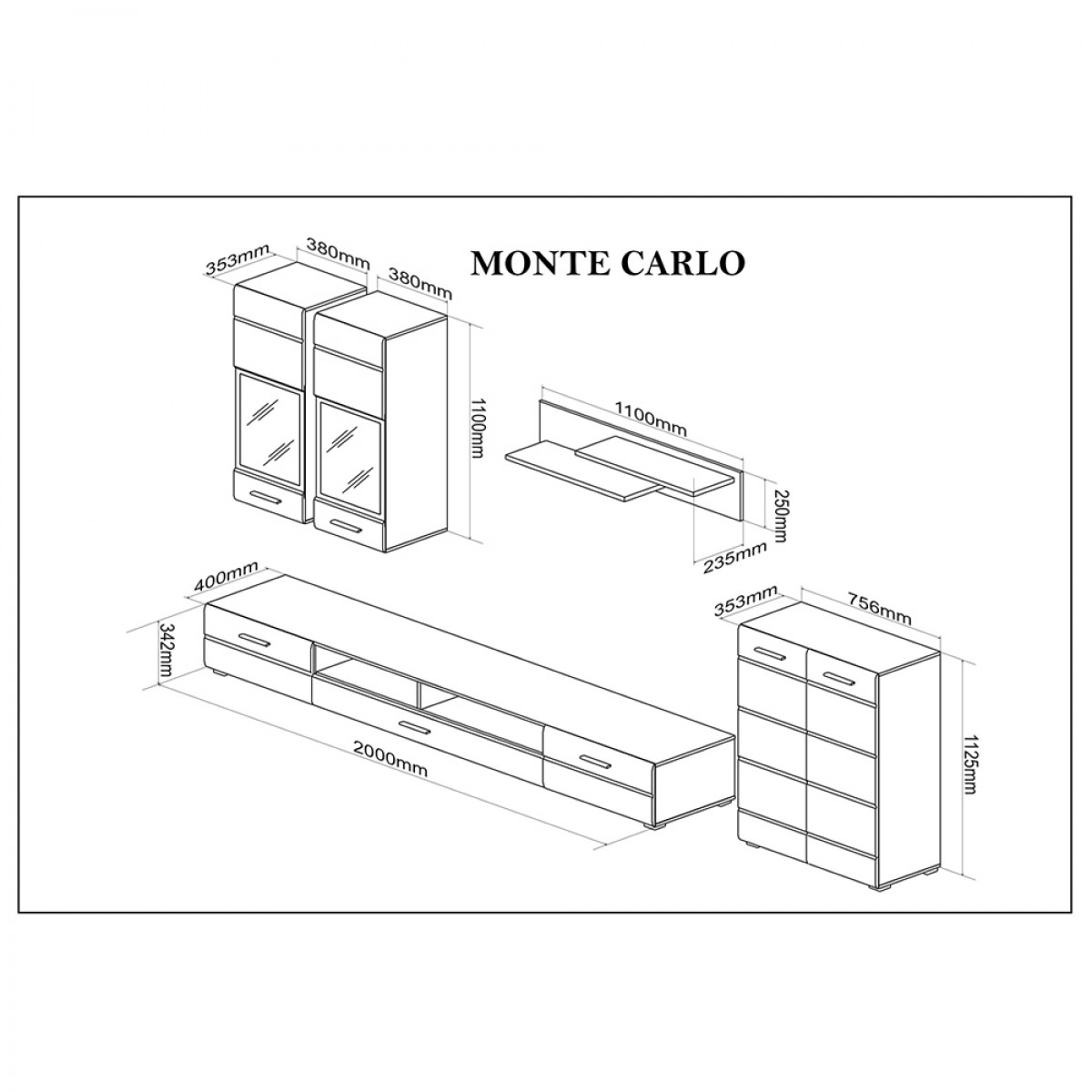 Monte Carlo σύνθεση σαλονιού σε λευκή απόχρωση σετ 5 τεμαχίων 285x40x190 εκ