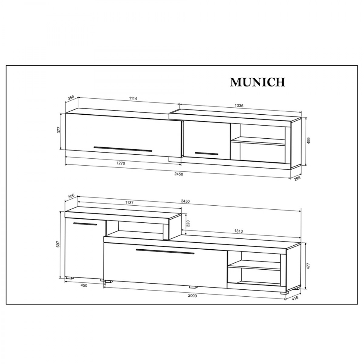 Munich σύνθεση σαλονιού σε γκρι και φυσική απόχρωση σετ 3 τεμαχίων 245x41.5x190 εκ